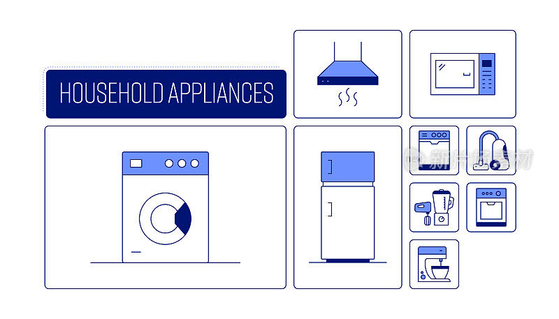 家用电器相关的矢量横幅设计概念，现代线条风格与图标