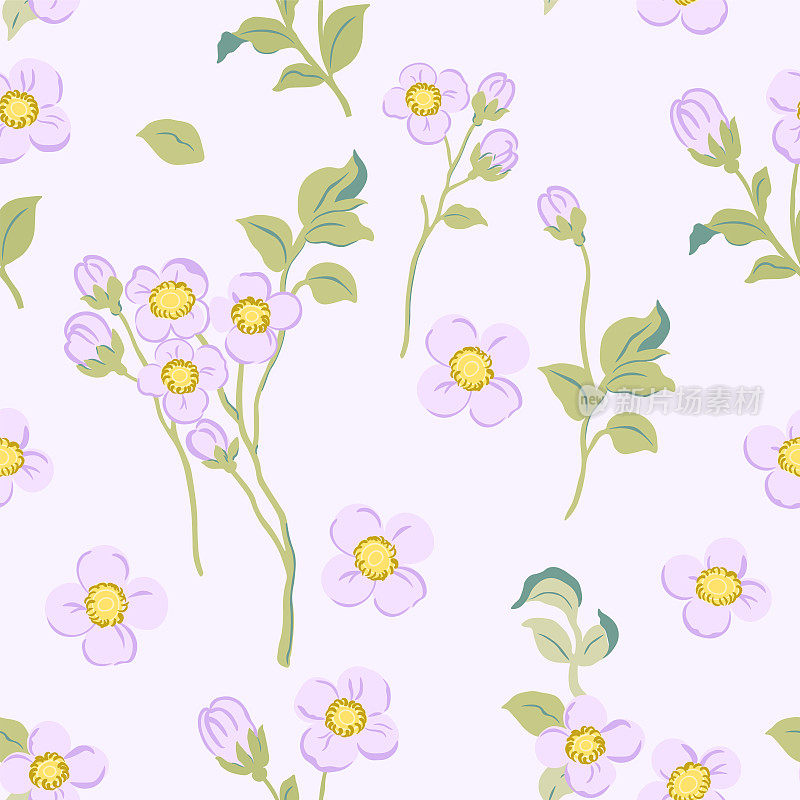精致的紫色花朵图案，黄色的花序和绿色的茎在柔和的紫色背景上。摘春花用于织物包装纸、网面及印刷品表面的设计。