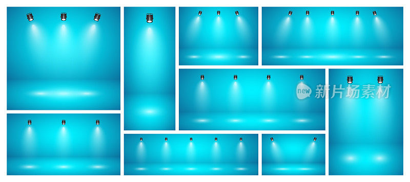 空蓝色工作室抽象背景与聚光灯。产品展示背景与聚光灯效果。舞台灯光。矢量图