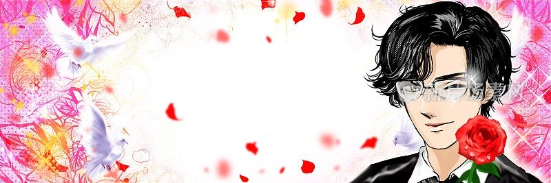 Shoujo漫画风格的宽幅插图，一个黑发烫发的英俊男孩，一只手拿着红玫瑰，眨着眼睛，温柔地微笑着。