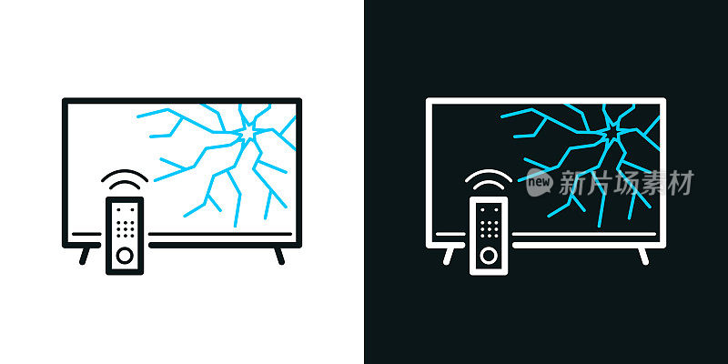 电视机的屏幕坏了。黑色或白色背景上的双色线图标-可编辑的笔画