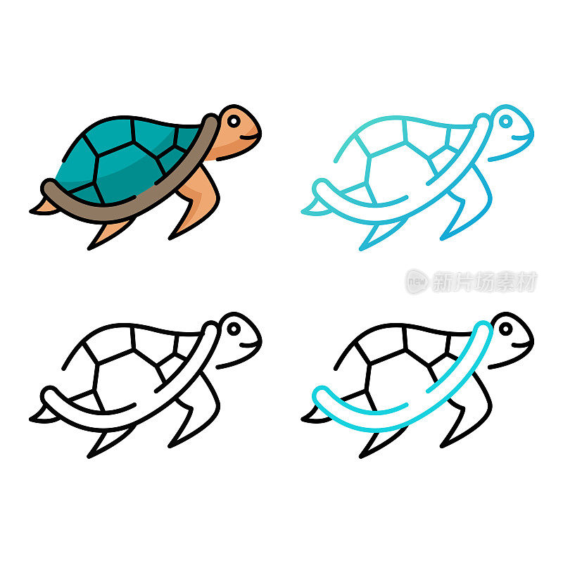 海龟图标设计在四个变化的颜色