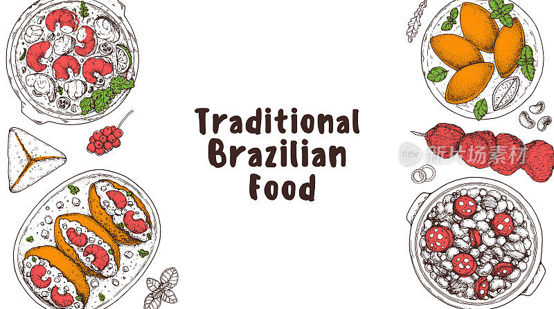 巴西食物顶视图矢量插图。食品菜单设计模板。手绘草图。巴西菜菜单。莫奎卡，阿卡拉耶，巴西基贝，丘拉斯科，费约阿达，埃斯菲哈