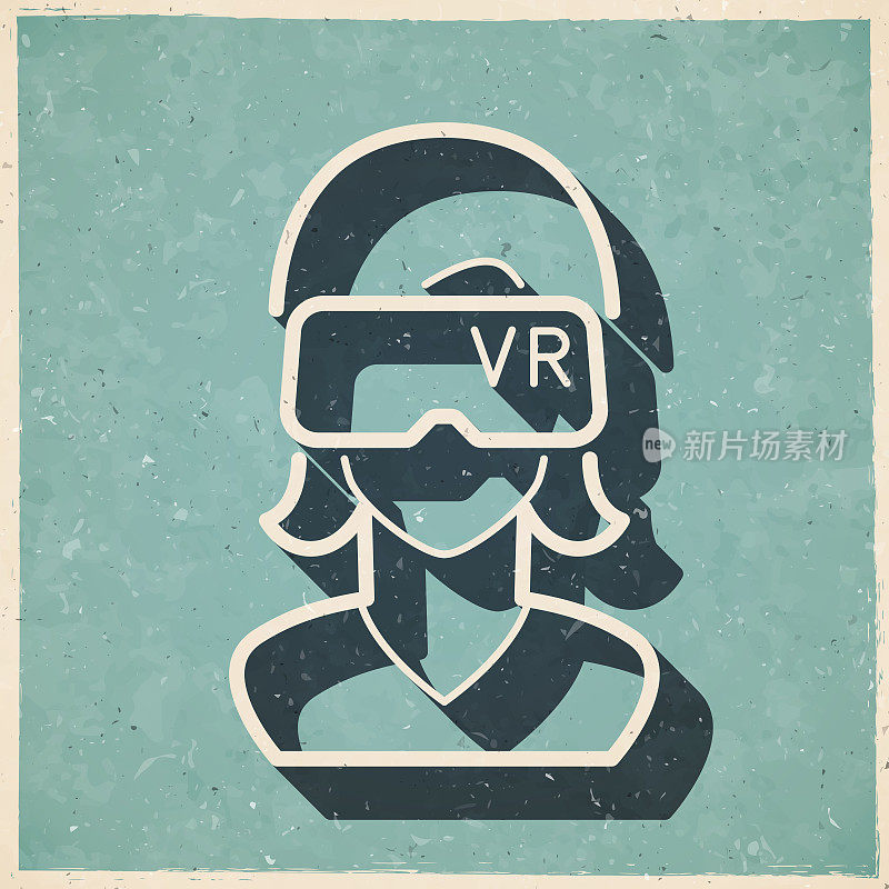 戴着VR头显的女人-虚拟现实。图标复古复古风格-旧纹理纸