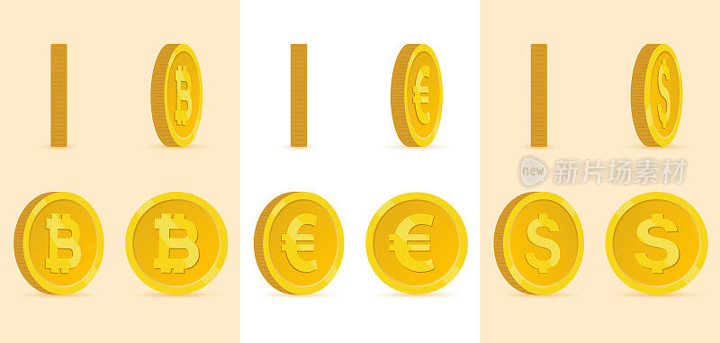 一套旋转硬币，美元，欧元和比特币。
