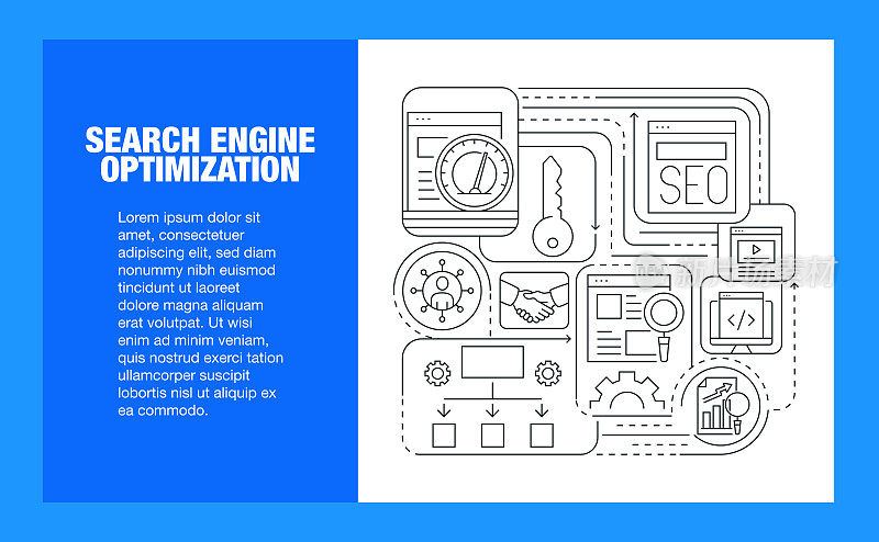 SEO线图标集和横幅设计。开发，营销，网络，搜索引擎，网页设计