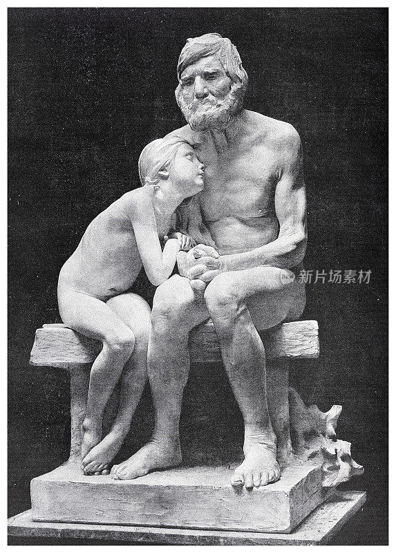 年长的成年人和安慰小女孩的雕塑，1863年