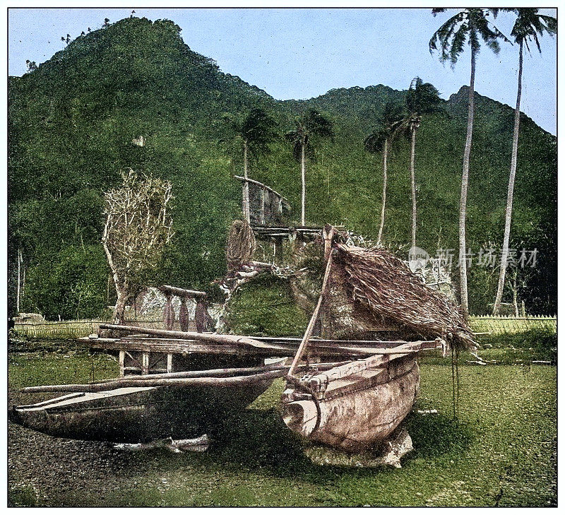古色古香的黑白照片:萨摩亚双人独木舟