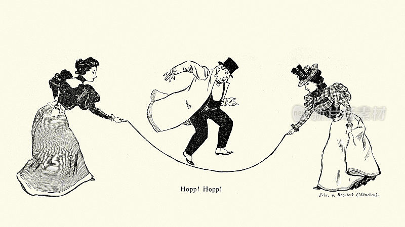 一名男子正在跳过由两名女子牵着的跳绳，漫画，19世纪90年代维多利亚时代