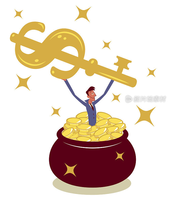 快乐的商人跳进一个装满钱的罐子，举起一个大的金元形状的钥匙。财务成功的关键
