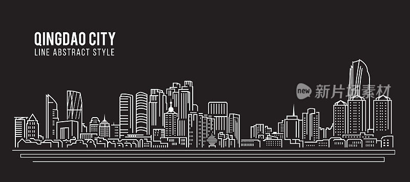 城市景观建筑线条艺术矢量插图设计-青岛城市