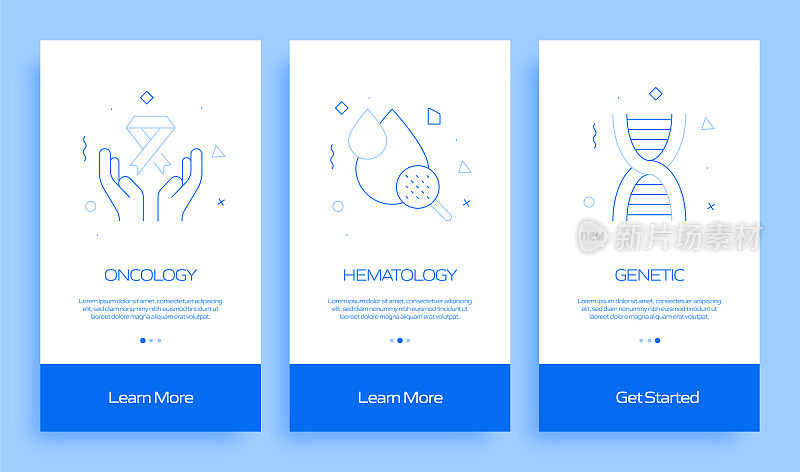 带图标的移动应用程序页面屏幕上的医疗保健和医疗概念。用户体验，用户界面设计模板矢量插图