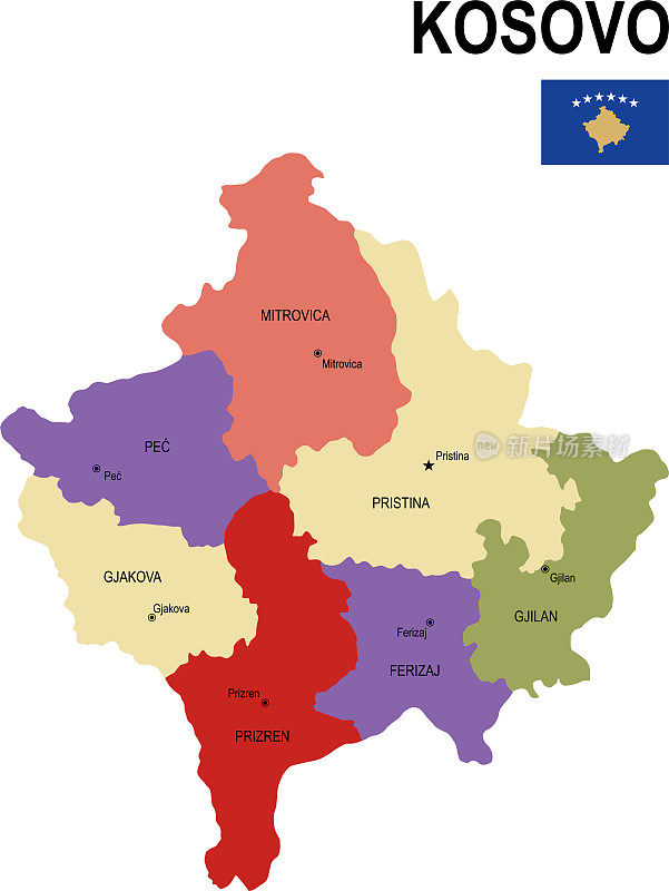 彩色科索沃平面地图与旗帜
