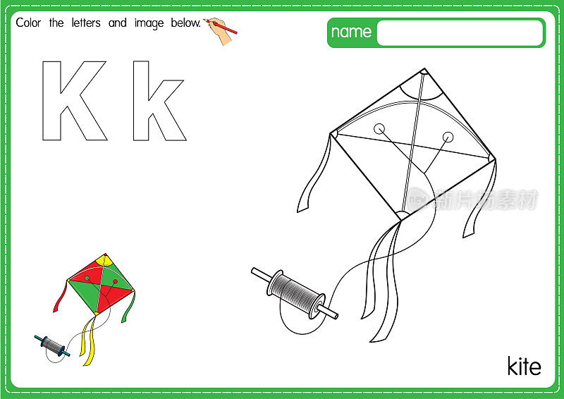 矢量插图的儿童字母着色书页与概述剪贴画，以颜色。字母K代表风筝。