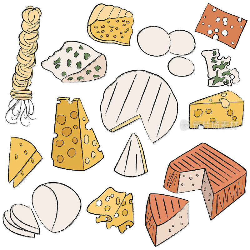 这里有世界上最受欢迎的奶酪。意大利，法国，格鲁吉亚的传统奶酪。马苏里拉奶酪，布里奶酪，蓝奶酪，羊乳干酪，戈尔根佐拉奶酪，切达奶酪，豪达奶酪，车臣奶酪，菲达奶酪。简单线性图标