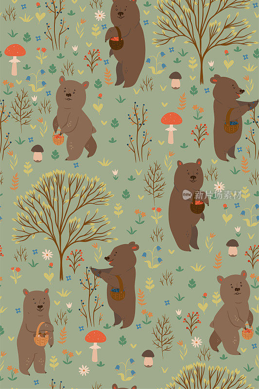 熊在森林里采摘浆果和蘑菇的无缝模式。矢量图形。