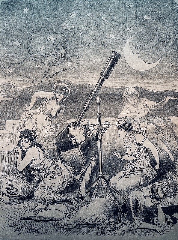 奥斯曼帝国的苏丹在他的新天文台里，在他的妻子们的簇拥下，观察着天空中的灾难:狮子和熊的争斗