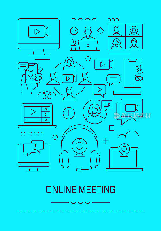 在线会议相关的现代线设计小册子，海报，传单，演示模板矢量插图