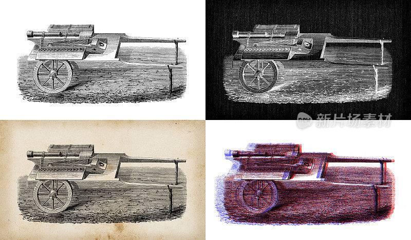 科学发现的古董插图:战争武器和爆炸物
