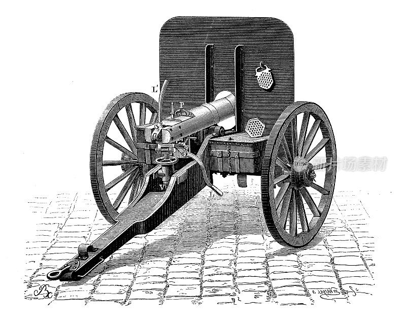 19世纪工业、技术和工艺的古董插图:机关枪