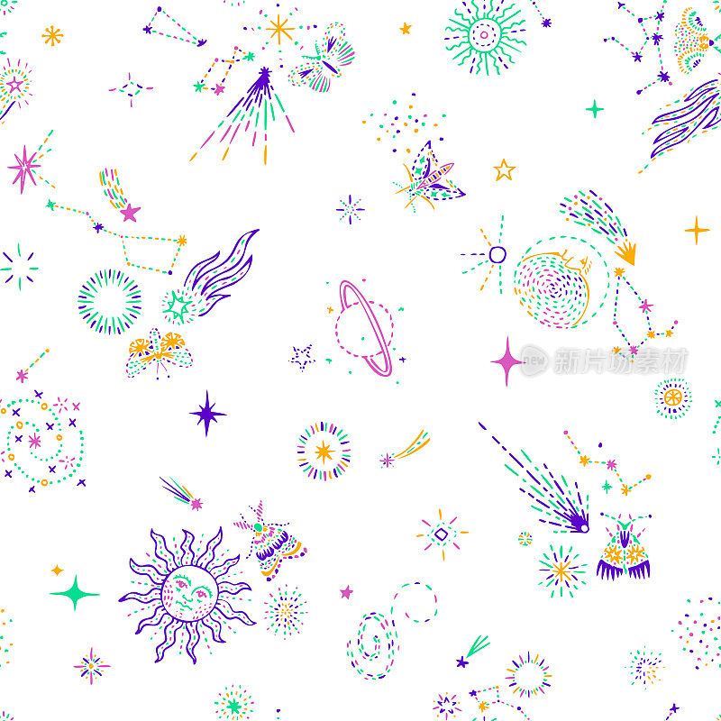 空间背景。恒星无缝图案，恒星，黄道带，星座，太阳，行星，彗星，月亮和昆虫。徒手画。线条画，素描风格。
