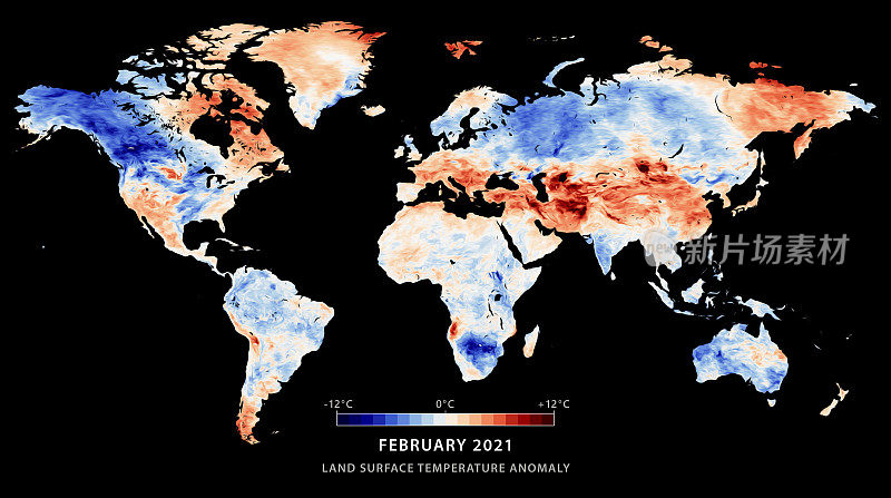 世界地图地表温度异常2021年2月