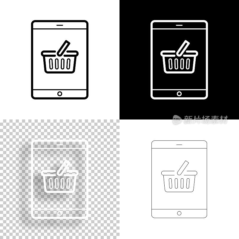 带购物篮的平板电脑。图标设计。空白，白色和黑色背景-线图标