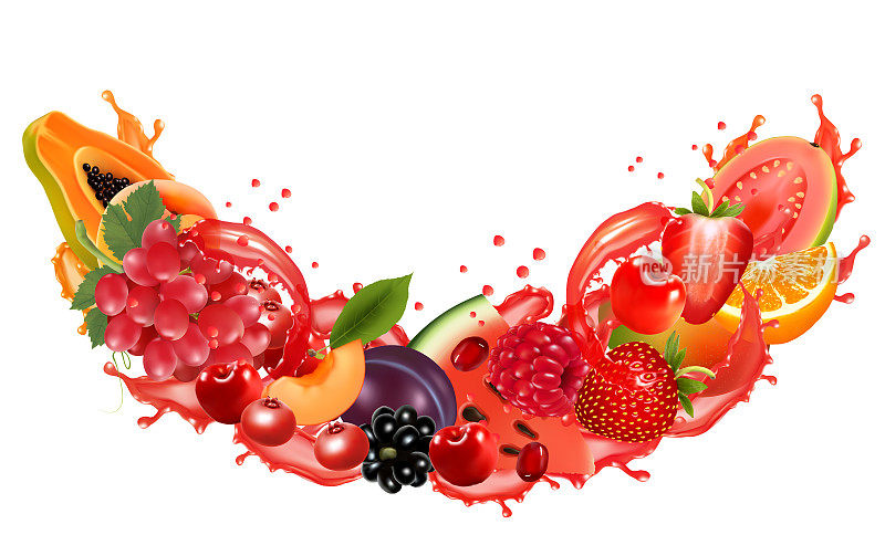 果汁中加入水果和浆果。木瓜、橘子、番石榴、芒果、桃子、草莓、葡萄、梨子、覆盆子、黑莓、樱桃。向量。