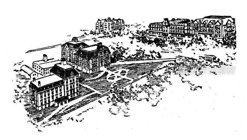 美国，密歇根州地标和公司的古董插图:巴特克里克，巴特克里克大学