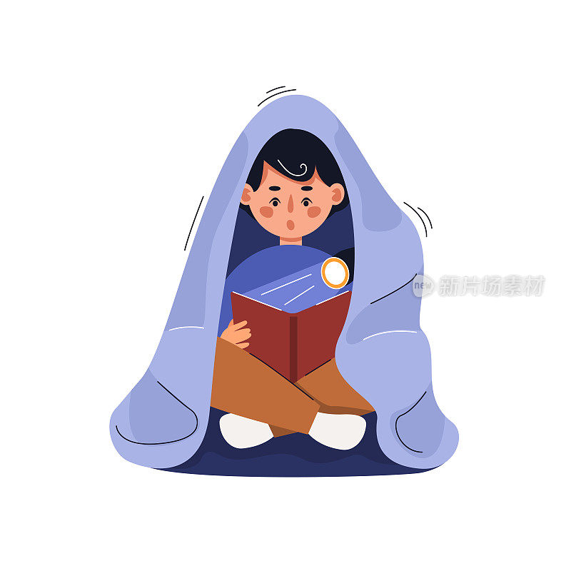 孩子用手电筒在毯子下看书。快乐的童年。孤立的矢量图。