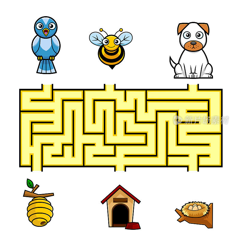 卡通迷宫游戏教育孩子帮助鸟，蜜蜂和狗到达他们的家