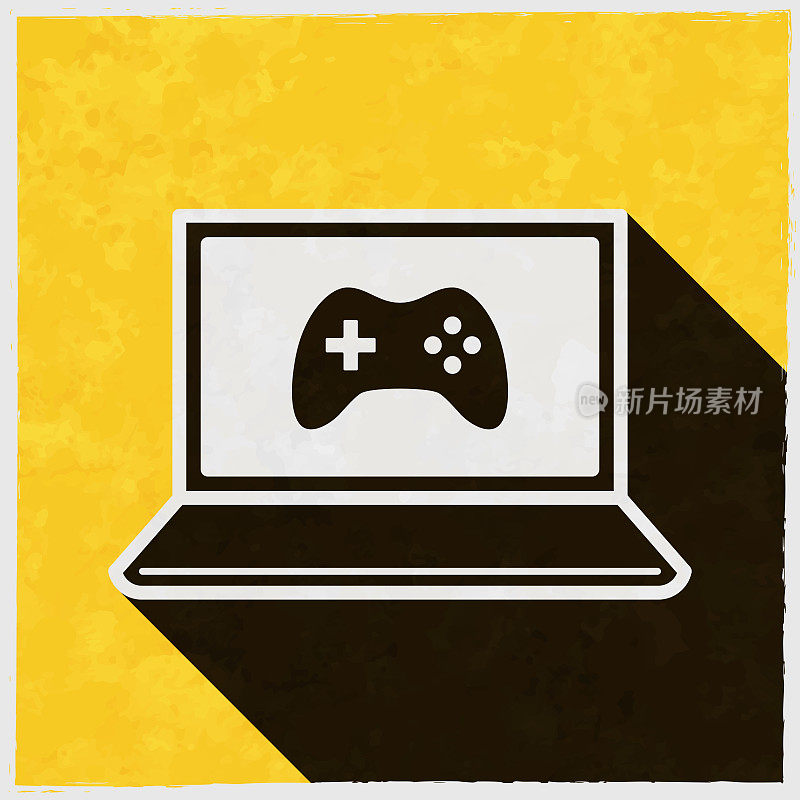 在笔记本电脑上玩游戏。图标与长阴影的纹理黄色背景
