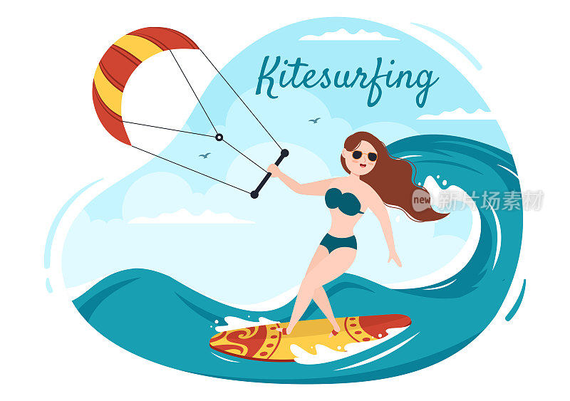夏季风筝冲浪水上运动活动的卡通插图与骑大风筝在板上在平面风格