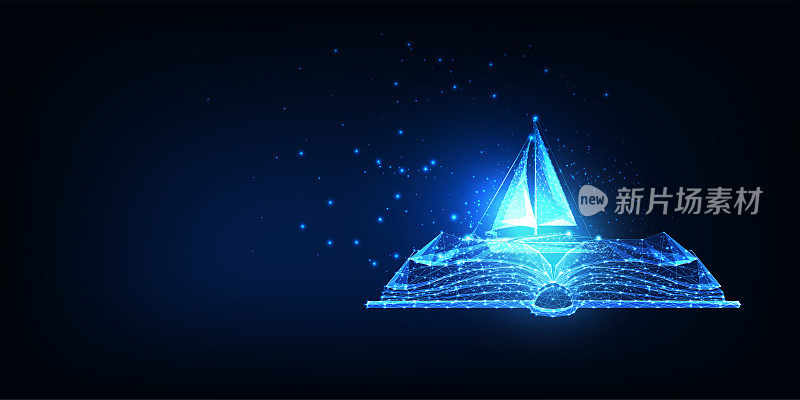 未来的想象，故事，灵感的概念与发光的打开的书和帆船