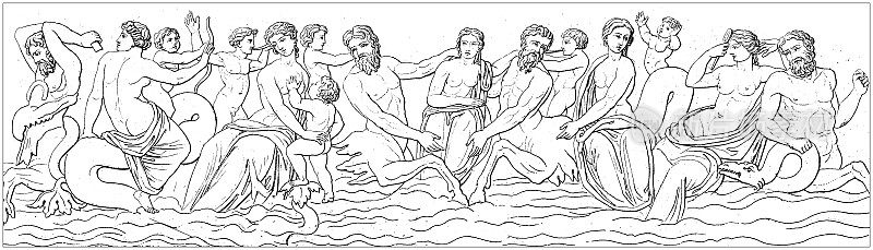 古董雕刻插图，文明:希腊和罗马的神和神话，特里顿和涅耳忒斯