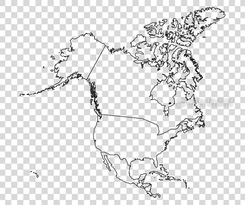北美地图的轮廓在透明背景。