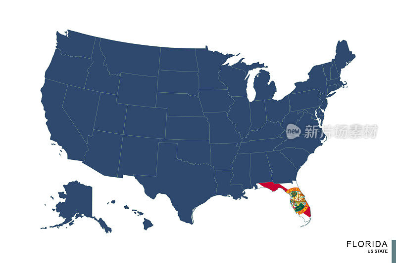 美国蓝色地图上的佛罗里达州。佛罗里达的国旗和地图。