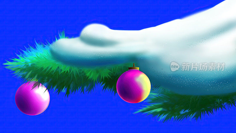 白雪覆盖的松树枝上的圣诞球