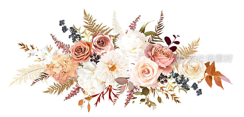 新潮干叶，腮红粉红玫瑰，白牡丹和大丽花，绣球，新妇，潘帕斯草