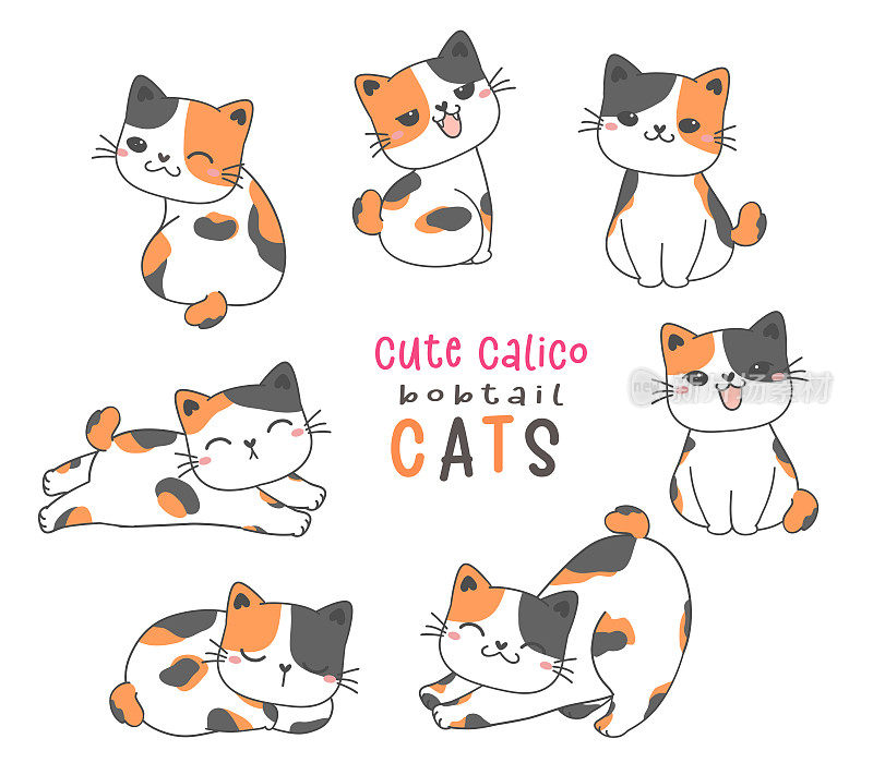 可爱的印花布短尾滑稽的猫卡通涂鸦动物手绘矢量
