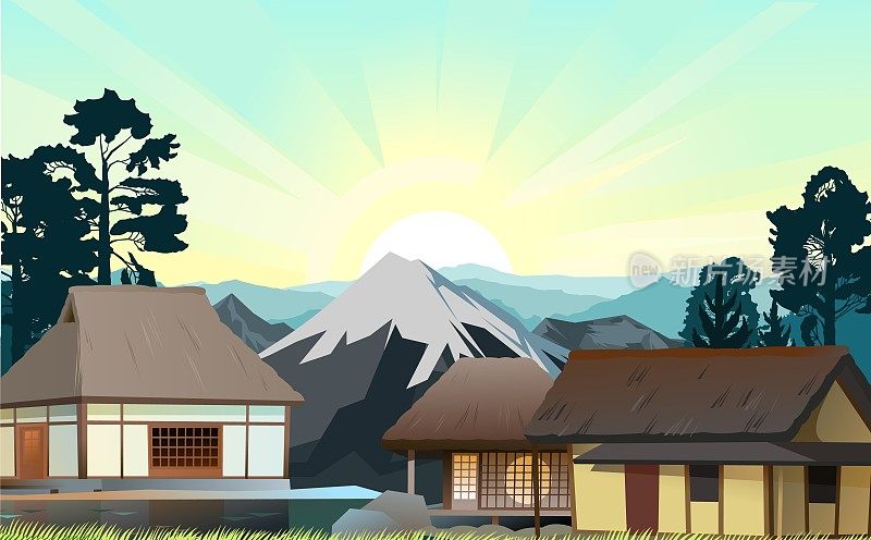 日本传统房屋。日出和山脉。小村庄。茅草屋顶的乡村住宅。说明向量。