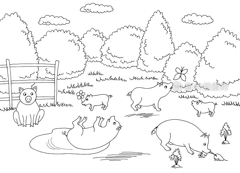 有趣的猪场院子图形黑白景观素描插图矢量