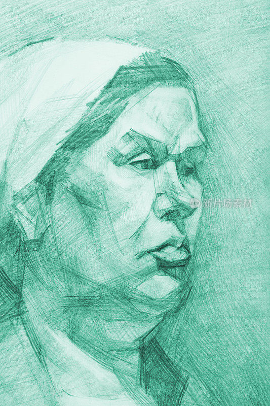 插图铅笔画画像的老妇人在绿色的背景铅笔阴影