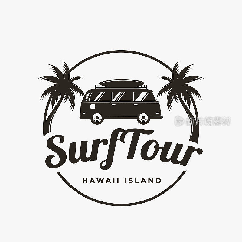 标签冲浪旅行，冲浪营地图标设计矢量与经典的面包车和冲浪板和棕榈树