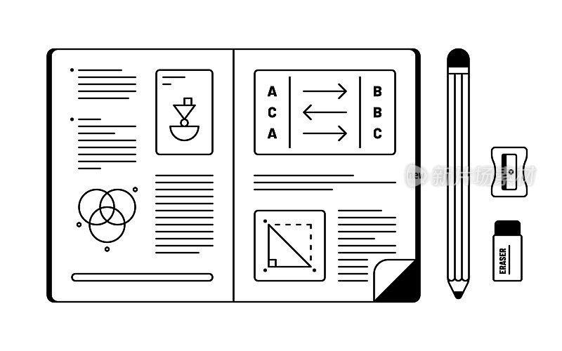 研究矢量插图概念。打开课本，铅笔，橡皮和卷笔刀。