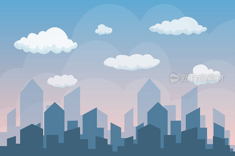 蓝天上的云矢量插图。早上城市天际线。建筑物剪影，大城市。平坦的城市景观与蓝天，白云。蓝天平坦，白云白云