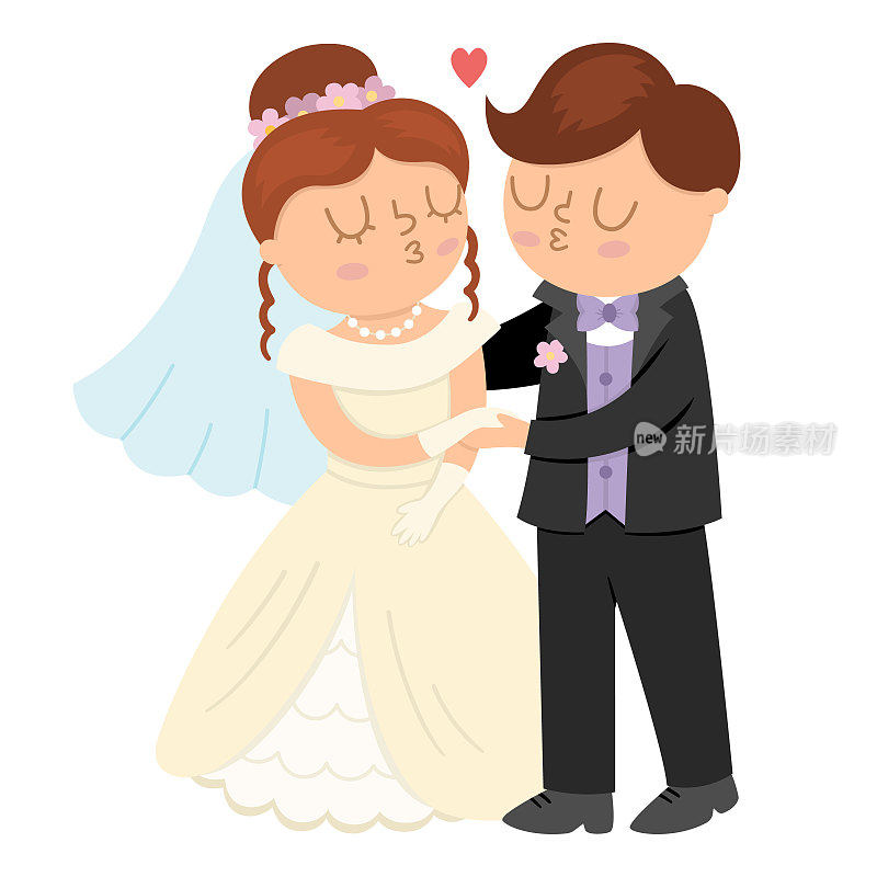 矢量插图与亲吻的新娘和新郎。可爱的新婚夫妇。婚礼的标志。新婚夫妇和初吻的卡通婚礼场景