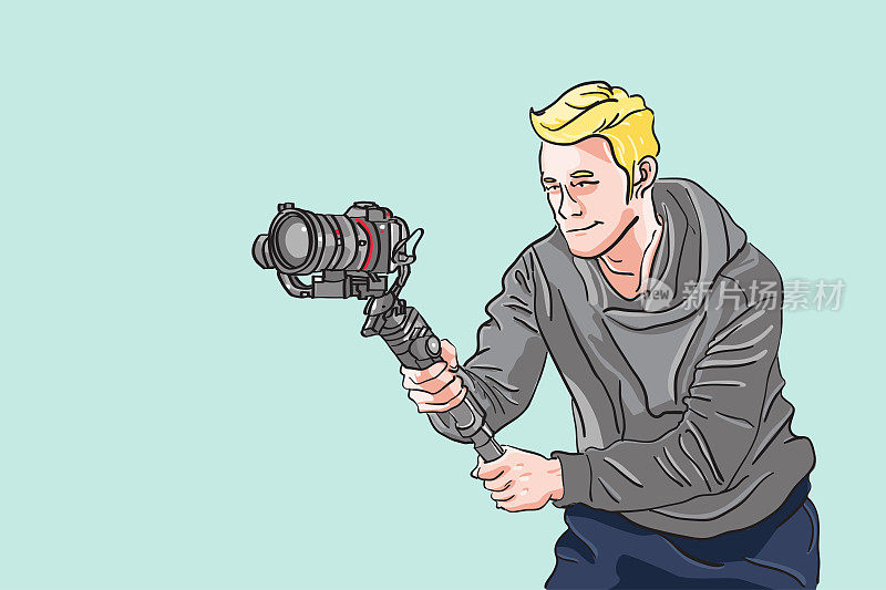 男子拿着相机与万向节配件为任何生产，摄像师摆姿势的行动，摄影师与电影院行动，贡献者作出任何内容，电影制作者平面矢量插图。
