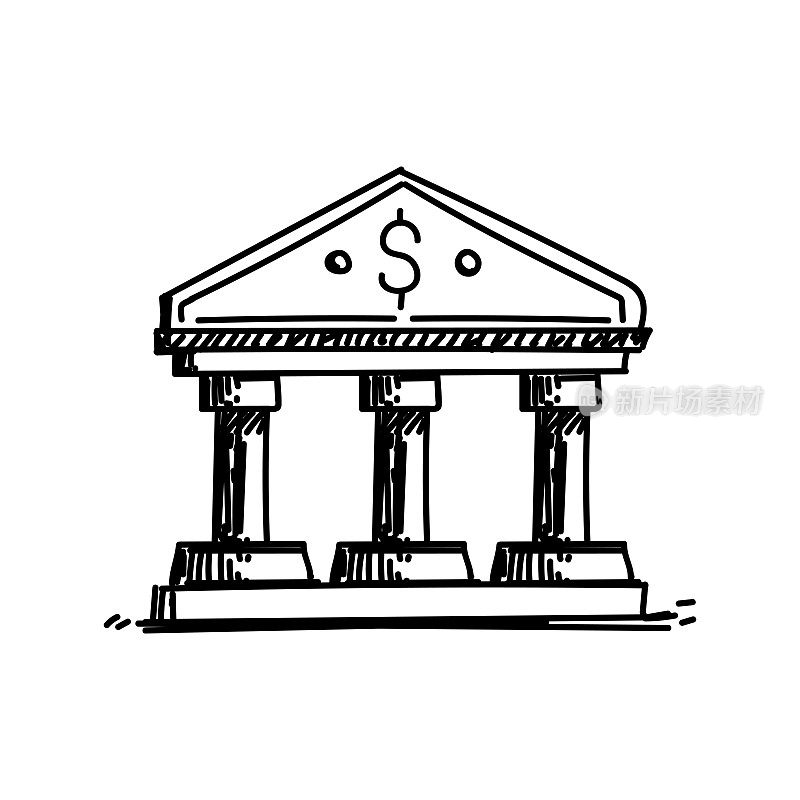 银行建筑线图标，草图设计，像素完美，可编辑的笔画。银行