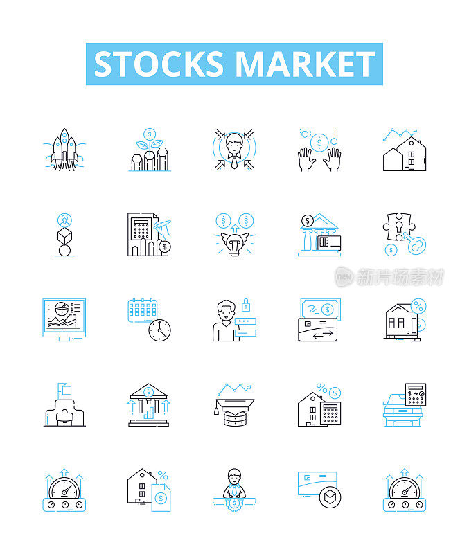 股票市场矢量线图标集。股票，市场，投资，股票，交易，股票，价格说明概述概念符号和标志